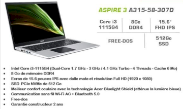Acer Aspire 3 A315-58-307D Gris 16 I3 1115G4 8Go 512go ssd Free Dos