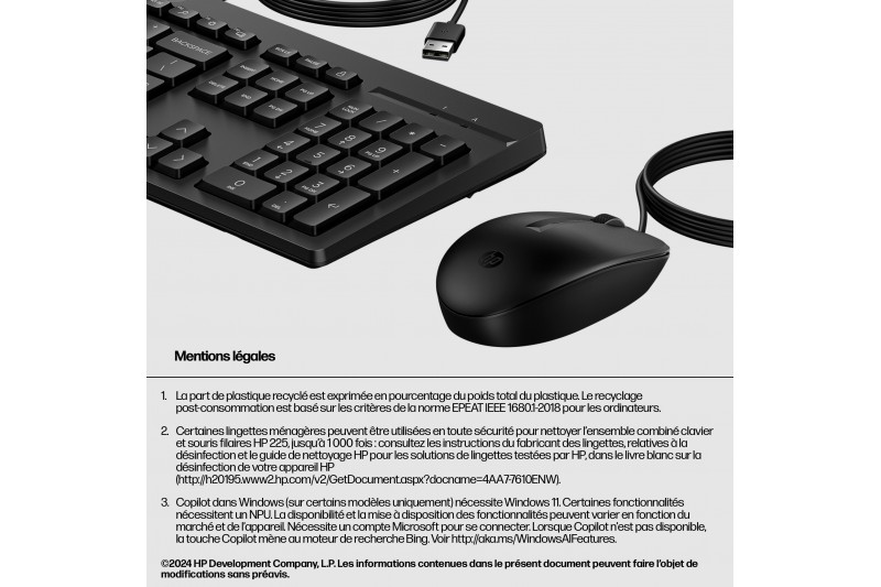 Ensemble clavier/souris filaire Hp 225 * 286J4AA * Ensemble clavier/souris filaire Hp 225 * 286J4AA *