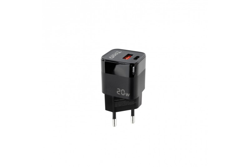 Chargeur Secteur USB-C pd + USB-A 20W noir * Tooq TQWC-QCPD20 *
