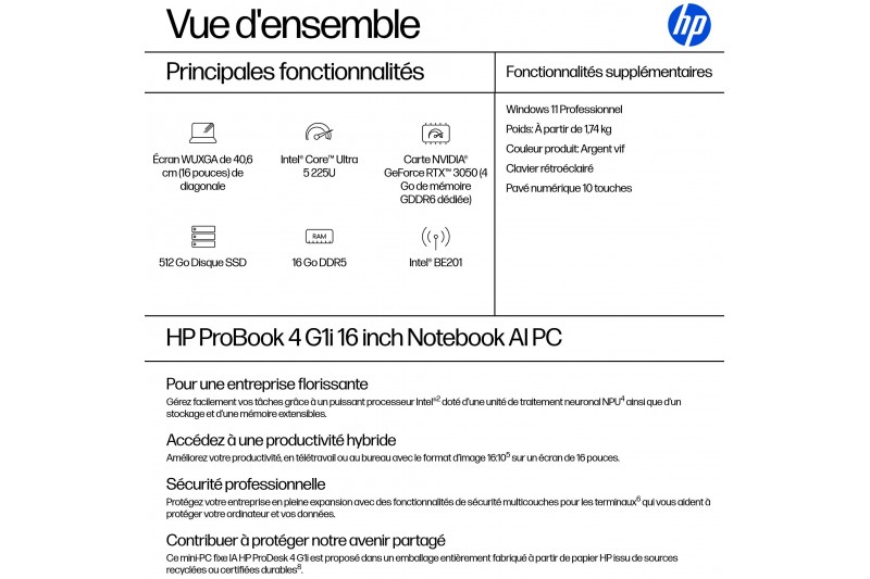 HP ProBook 4 G1i 16 Ultra 5 225U 16go 512Go ssd W11pro * B9YR8ET*