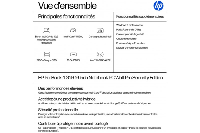 HP ProBook 4 G1iR 16 Ultra 5 120U 16go 512Go ssd W11pro * B39VLAT *