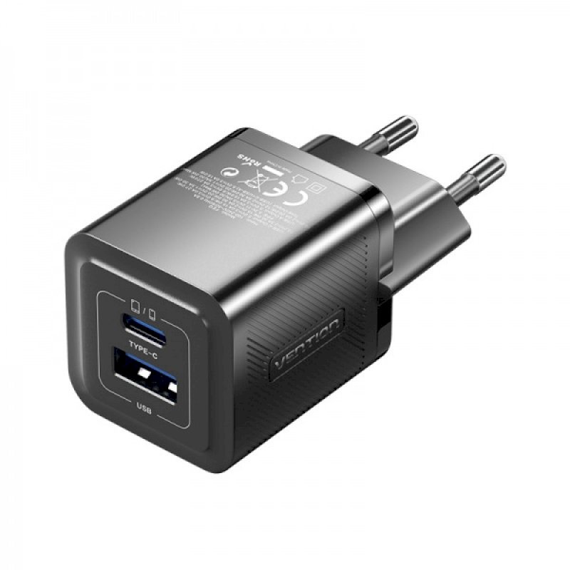Chargeur Vention GaN 2Ports USB-C et USB-A (30W/30W) - Noir *FEQB0-EU*