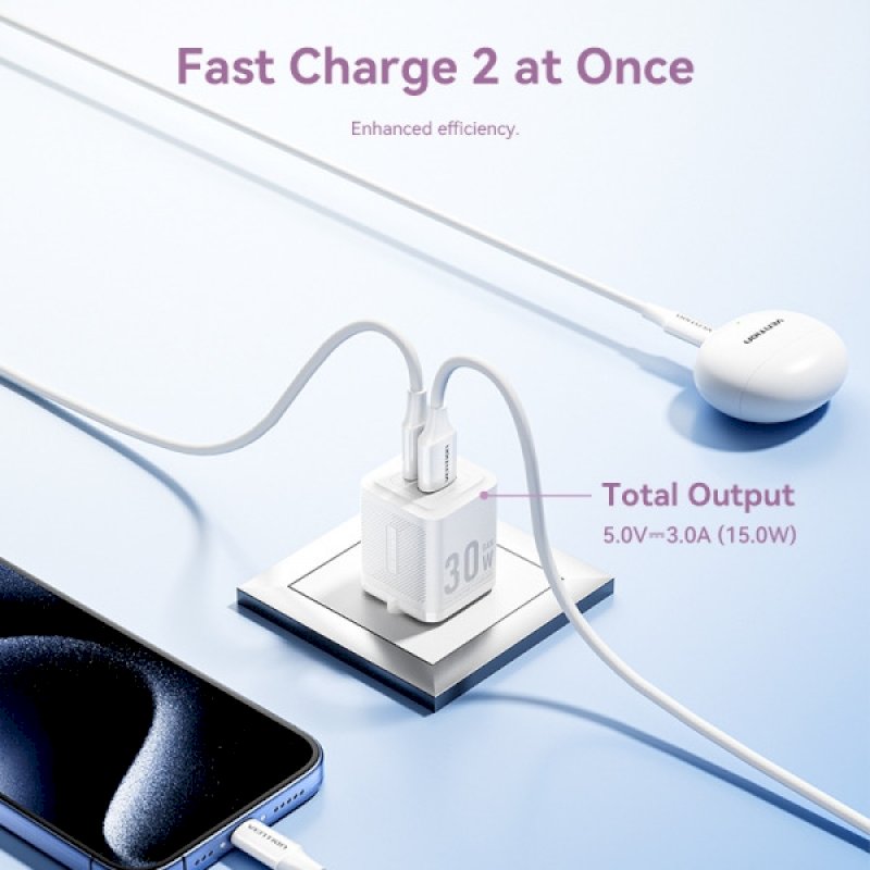 Chargeur Vention GaN 2Ports USB-C et USB-A (30W/30W) - Blanc *FEQW0-EU*