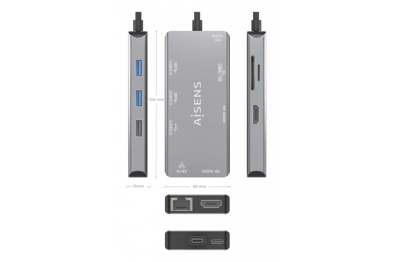 Aisens Dock 9 en 1 USB-C 3.0 Hub 2xUSB-A 3.0, HDMI RJ45 PD100W *ASUC-9P018-GR*